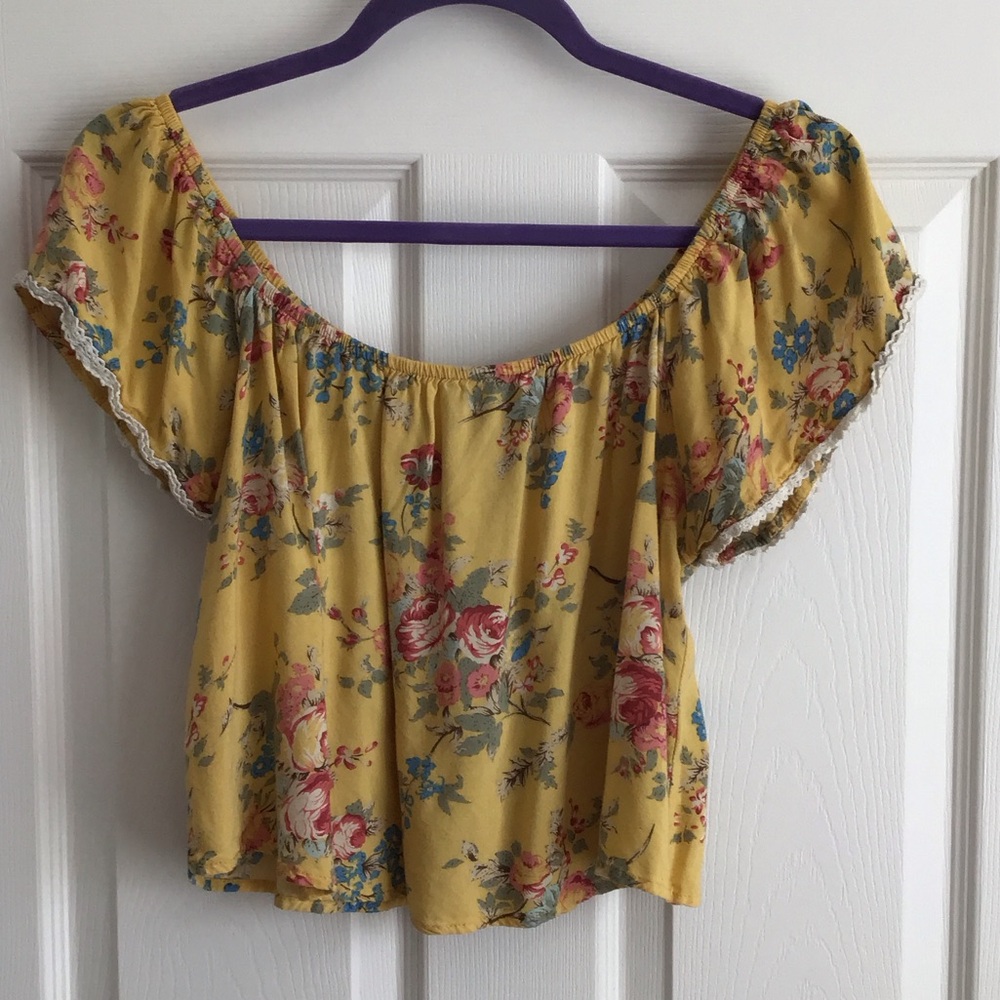happening in the present Yellow Floral Off-Shoulder Crop Top
